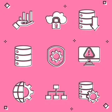 Set Pie chart infographic, Cloud computing lock, Server, Data, Web Hosting Illustrazione stock