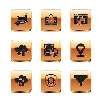 Set Pie chart infographic, Cloud computing lock, Shield with settings gear Stock Illustration