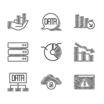 Set Pie chart infographic, Cloud computing lock, Browser with exclamation mark 스톡 일러스트