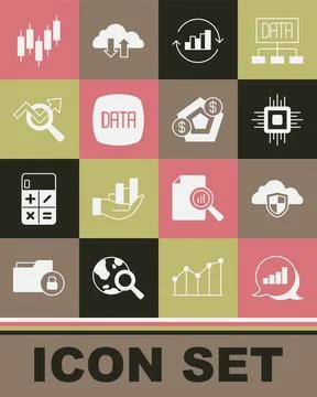 Set Pie chart infographic, Cloud and shield, Processor CPU, Data analysis, Se Illustrazione stock