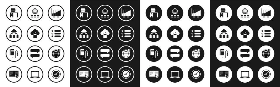 Set Pie chart infographic, Cloud or online library, Computer monitor and desk Stock Illustration