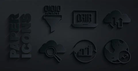 Set Pie chart infographic, Cloud download and upload, Search cloud computing Illustrazione stock