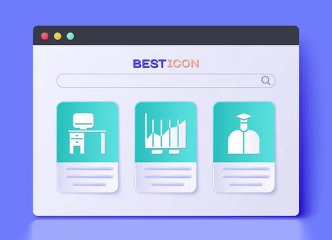 Set Pie chart infographic, Computer monitor and desk and Student icon. Vector Stock Illustration