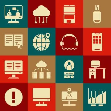 Set Pie chart infographic, Computer monitor and desk, Mobile phone, Laptop Illustrazione stock
