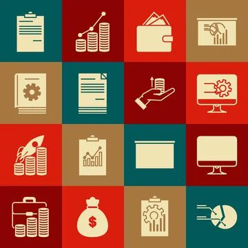 Set Pie chart infographic, Computer monitor screen, with, Wallet stacks paper Illustrazione stock