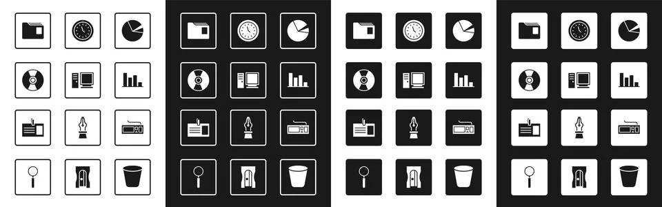 Set Pie chart infographic, Computer monitor, CD DVD disk, Document folder, Clock Stock Illustration