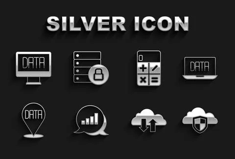 Set Pie chart infographic, Data analysis, Cloud and shield, download upload Stock Illustration