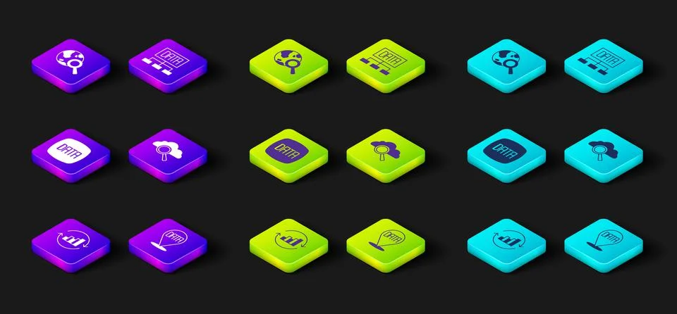 Set Pie chart infographic, Data analysis, Search cloud computing, and globe icon Stock Illustration