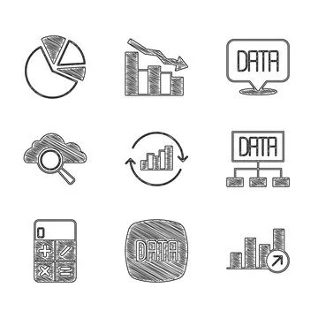 Set Pie chart infographic, Data analysis, Financial growth, Calculator, Sea.. Illustrazione stock