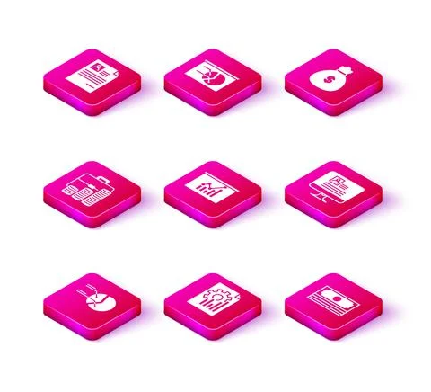 Set Pie chart infographic, Document with, Briefcase and coin, Board, Stacks Stock Illustration