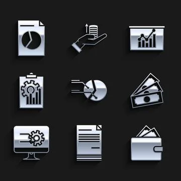 Set Pie chart infographic, Document, Wallet with stacks paper money cash, Stacks 库存插图