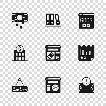 Set Pie chart infographic, Document with, Envelope, Online shopping on scre.. Stockillustratie