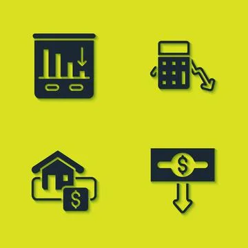 Set Pie chart infographic, Dollar rate decrease, Hanging sign with Sale and Stock Illustration