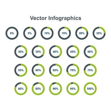 Set of pie chart infographic elements. 0, 5, 10, 15, 20, 25, 30, 35, 40, 45, Illustrazione stock