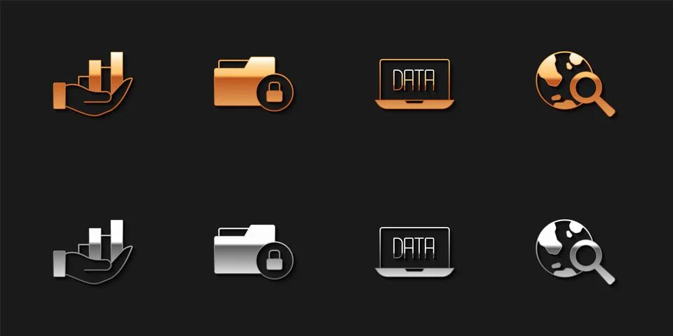 Set Pie chart infographic, Folder and lock, Data analysis and Search globe ic Stock Illustration
