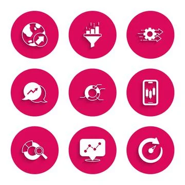 Set Pie chart infographic, Graph, Digital speed meter, Mobile stock trading Illustrazione stock
