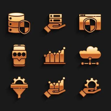 Set Pie chart infographic, Hand settings gear, Network cloud connection, Sales Stock Illustration