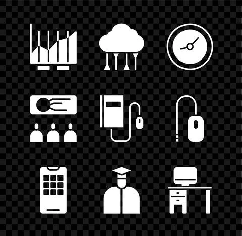 Set Pie chart infographic, Network cloud connection, Clock, Mobile phone Stock Illustration
