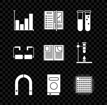 Set Pie chart infographic, Notebook, Test tube and flask chemical laboratory, Stock Illustration