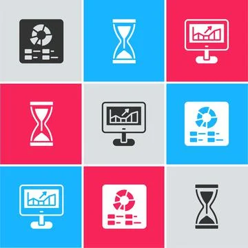 Set Pie chart infographic, Old hourglass and Computer with growth icon. Vector Stock Illustration