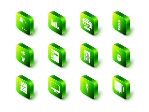 Set Pie chart infographic, Printer, Stationery knife, Computer mouse, Coffee cup 库存插图