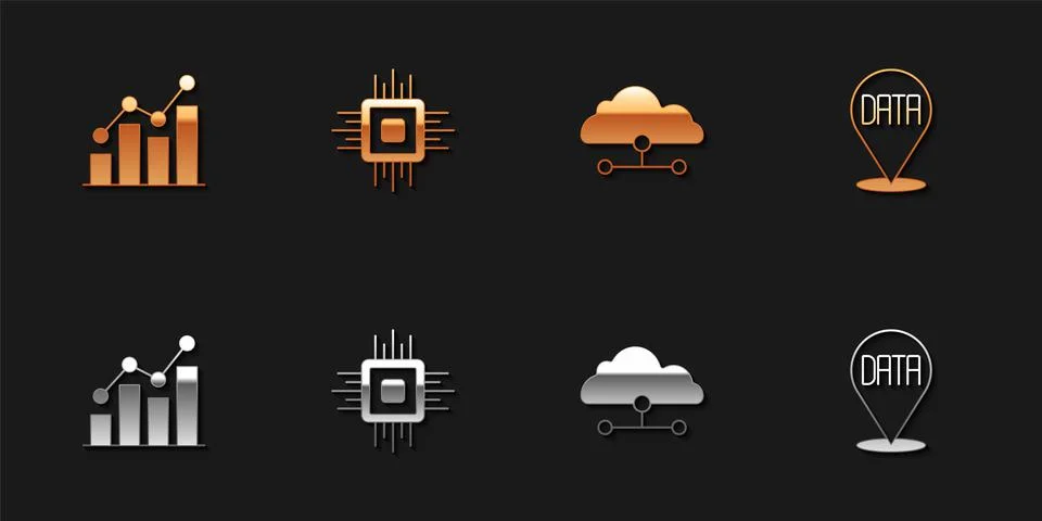Set Pie chart infographic, Processor CPU, Network cloud connection and Data Stock Illustration