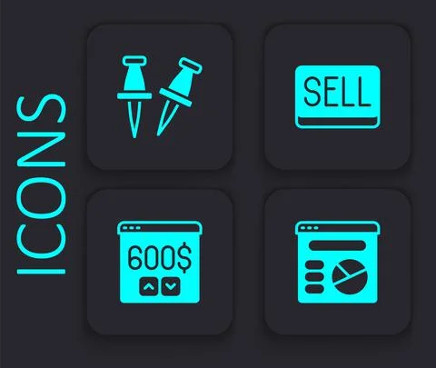 Set Pie chart infographic, Push pin, Sell button and Monitor with dollar icon Stock Illustration