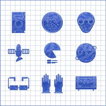 Set Pie chart infographic, Rubber gloves, Computer monitor with cardiogram Illustrazione stock
