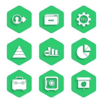 Set Pie chart infographic, Safe, Graph, chart, diagram,, Briefcase, Pyramid.. Stock-Illustration