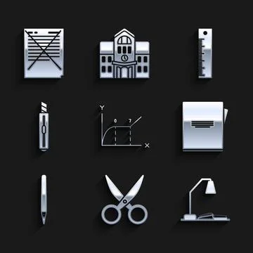 Set Pie chart infographic, Scissors, Workplace with table lamp and open book イラスト素材