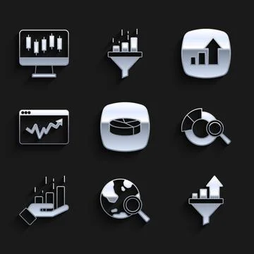 Set Pie chart infographic, Search globe, Sales funnel with, data analysis Illustrazione stock