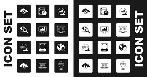 Set Pie chart infographic, Search globe, Cloud and shield, Data analysis, S.. Illustrazione stock