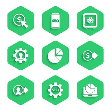 Set Pie chart infographic, Seo tag with gear wheel, Laptop, Coin money dollar Illustrazione stock