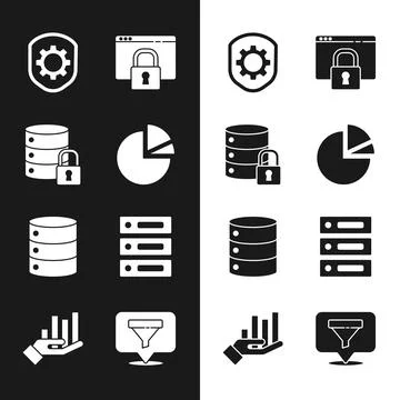 Set Pie chart infographic, Server security with lock, Shield settings gear Ilustração Stock