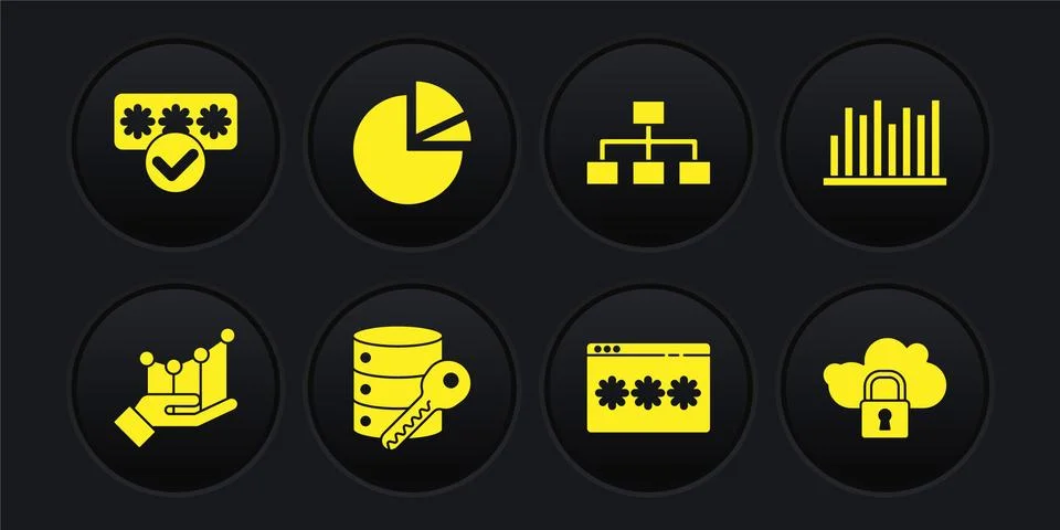 Set Pie chart infographic, Server security with key, Password protection Stock Illustration