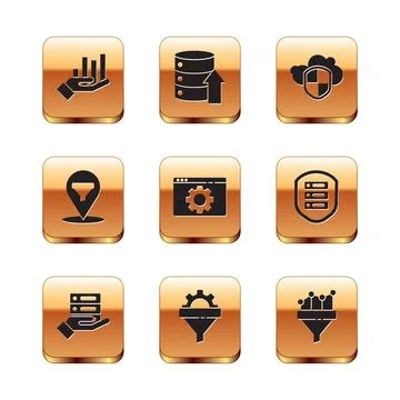 Set Pie chart infographic, Server, Data, Web Hosting, Sales funnel with gear Stock Illustration