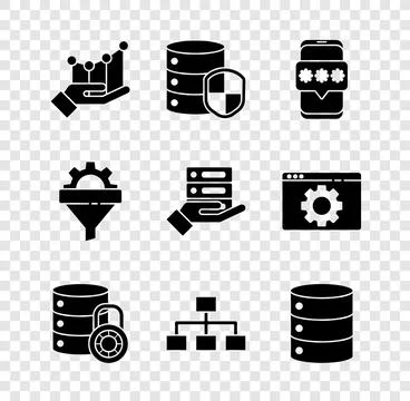 Set Pie chart infographic, Server with shield, Mobile and password, security Stock Illustration