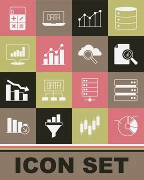 Set Pie chart infographic, Server, Document with, Calculator and Search cloud Illustrazione stock