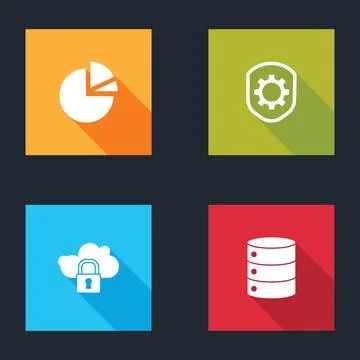 Set Pie chart infographic, Shield with settings gear, Cloud computing lock and 스톡 일러스트