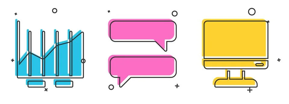 Set Pie chart infographic, Speech bubble chat and Computer monitor screen icon 스톡 일러스트