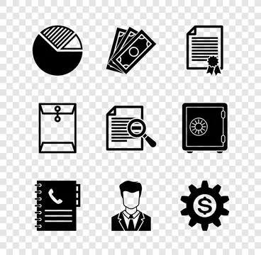 Set Pie chart infographic, Stacks paper money cash, Certificate template, Phone 스톡 일러스트