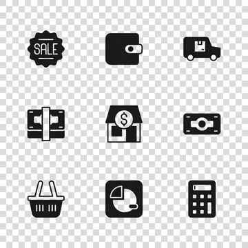 Set Pie chart infographic, Stacks paper money cash, Calculator, Market stor.. Stock Illustration