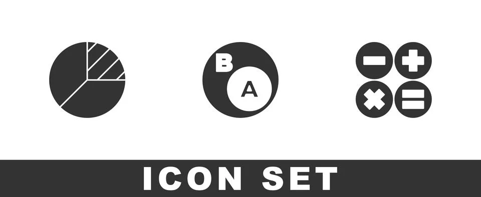 Set Pie chart infographic, Subsets, math, is subset of b and Calculator ico.. Stock Illustration