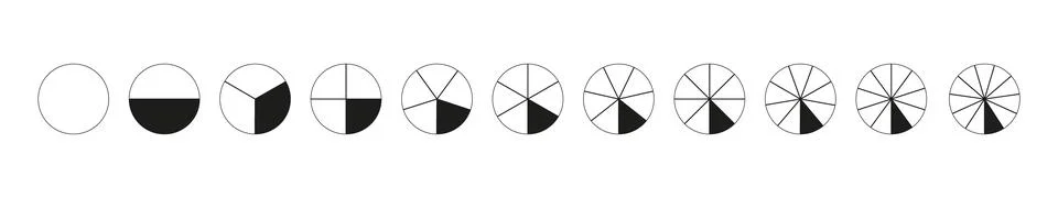 Set of pie, pizza charts. Many number of sectors divide the circle on equal 스톡 일러스트