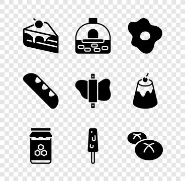 Set Piece of cake, Brick stove, Scrambled eggs, Jar honey, Ice cream, Bread.. Stock Illustration