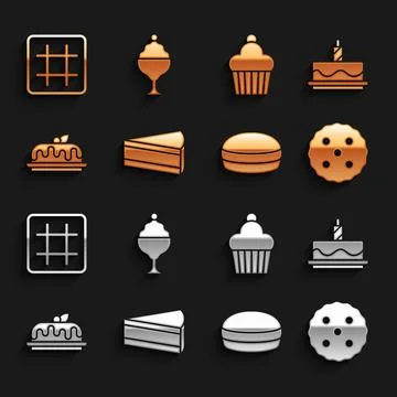 Set Piece of cake, Cake with burning candles, Cookie or biscuit, Macaron cookie Stock Illustration