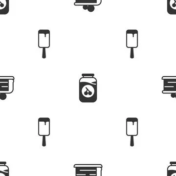 Set Piece of cake, Cherry jam jar and Ice cream on seamless pattern. Vector Stock Illustration