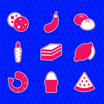 Set Piece of cake, Chicken egg on stand, Watermelon, Lemon, Shrimp, Carrot Stock Illustration