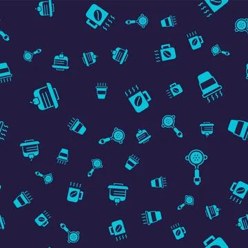 Set Piece of cake, Coffee cup to go, and filter holder on seamless pattern Stock Illustration