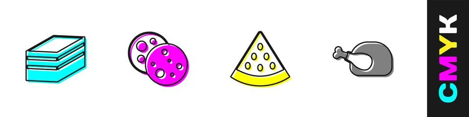 Set Piece of cake, Cookie with chocolate, Watermelon and Roasted turkey or .. イラスト素材